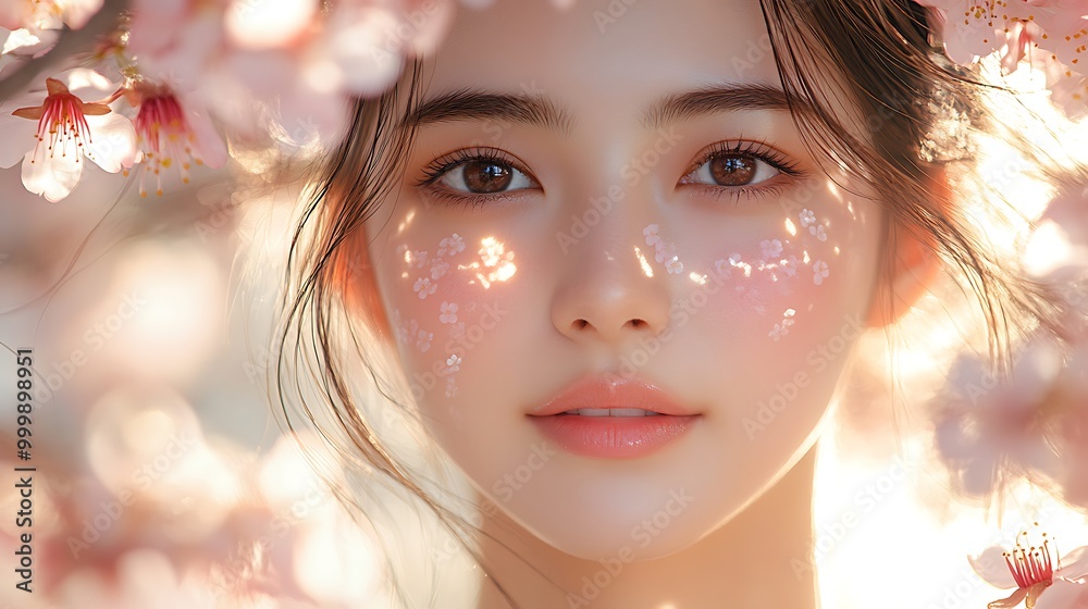 Close-up of an Asian woman with radiant skin, cherry blossoms surrounding her face, sunlight streaming through the petals, highlighting her flawless complexion and creating a serene, Close-up of an Asian woman with radiant skin, cherry blossoms surrounding her face, sunlight streaming through the petals, highlighting her flawless complexion and creating a serene,