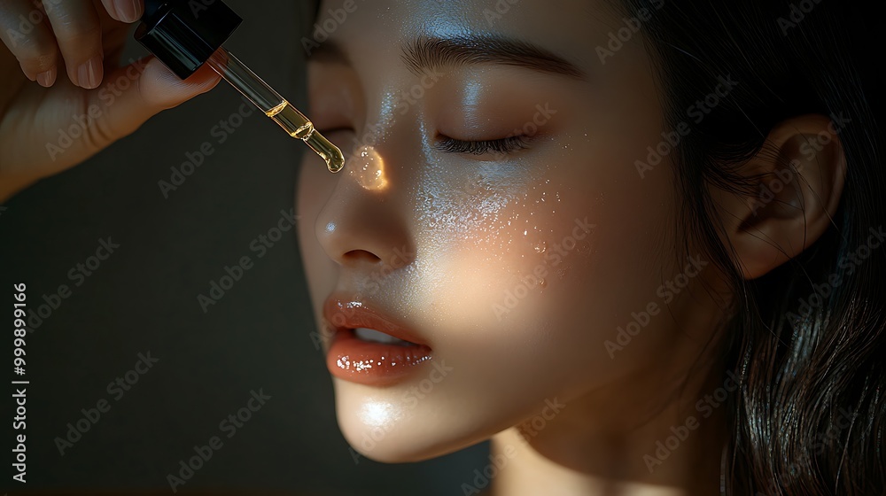 Obraz premium Close-up of an Asian woman’s face as she applies serum with a dropper, soft focus on her glowing skin, the dropper held gently above her cheek, morning light softly illuminating her complexion,
