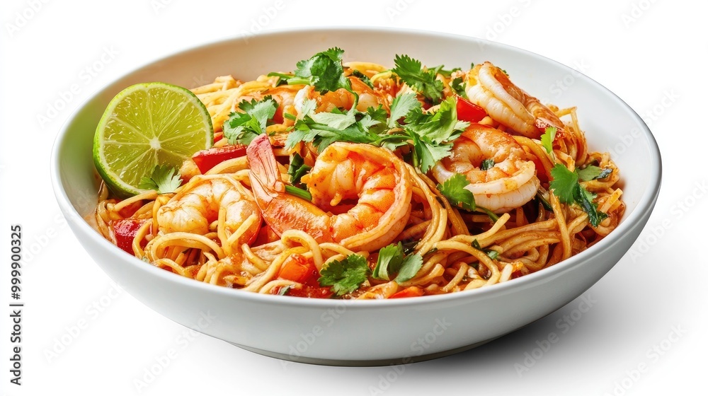 A fresh bowl of spicy tom yum noodles, topped with shrimp, lime wedges, and herbs, set against a white background to emphasize the colorful toppings. A fresh bowl of spicy tom yum noodles, topped with shrimp, lime wedges, and herbs, set against a white background to emphasize the colorful toppings.