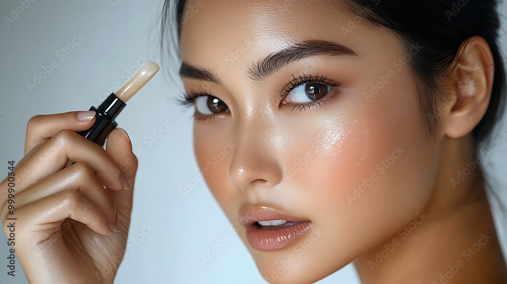 Fototapeta premium Portrait of an Asian woman applying an anti-aging serum in a minimalist setting, her skin glowing, soft lighting highlighting the youthfulness of her complexion,