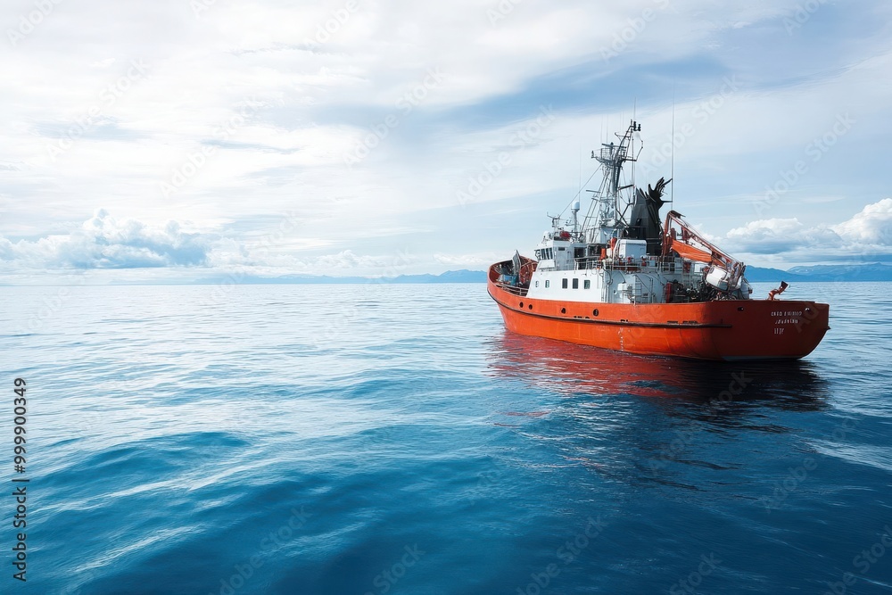 Orange research ship sailing on calm ocean waters under blue skies. Orange research ship sailing on calm ocean waters under blue skies.