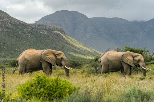 Two elephants in the field of south africa..generative ai