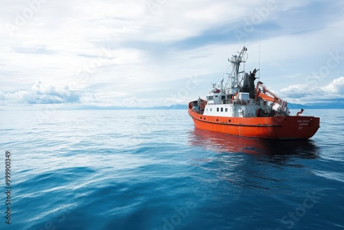 Wallpaper Mural Orange research ship sailing on calm ocean waters under blue skies. Torontodigital.ca