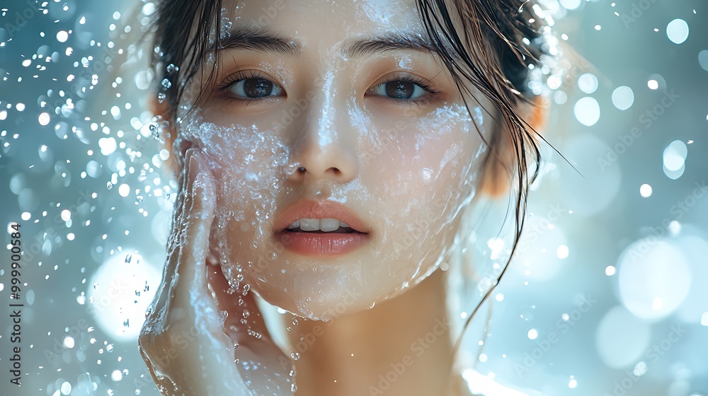 Portrait of an Asian woman splashing her face with cool water, her skin radiant and refreshed, water droplets frozen in the air, bright natural light illuminating the scene, Portrait of an Asian woman splashing her face with cool water, her skin radiant and refreshed, water droplets frozen in the air, bright natural light illuminating the scene,