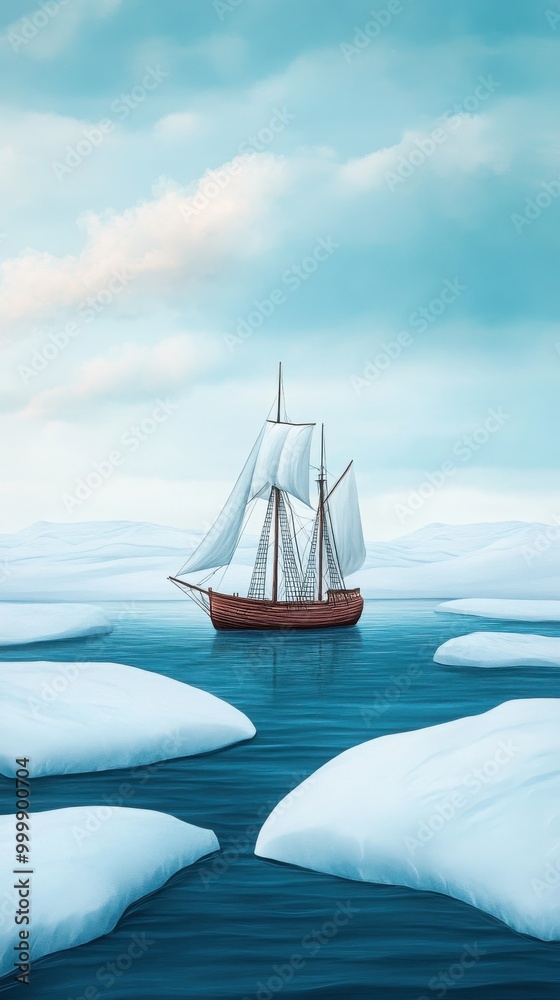 Sailing ship navigating through icy waters, serene and peaceful atmosphere. Sailing ship navigating through icy waters, serene and peaceful atmosphere.