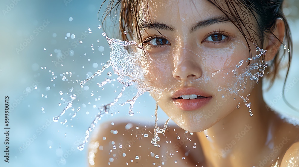Portrait of an Asian woman splashing water on her face, droplets suspended in mid-air, her skin reflecting the freshness of the moment, sharp focus on water details, Portrait of an Asian woman splashing water on her face, droplets suspended in mid-air, her skin reflecting the freshness of the moment, sharp focus on water details,