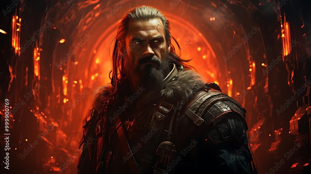 A strong warrior stands in a fiery underground setting, exuding power and intensity. A strong warrior stands in a fiery underground setting, exuding power and intensity.