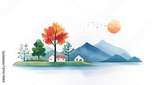 Scenic landscape with mountains, trees, and colorful autumn foliage on a white background. photo