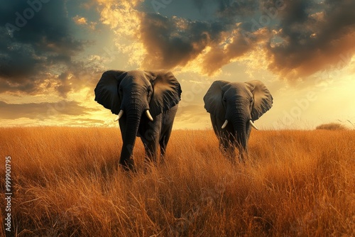Two elephants in the field of south africa..generative ai