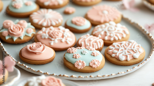 Decorative cookies with intricate pastel icing on a serving platter.