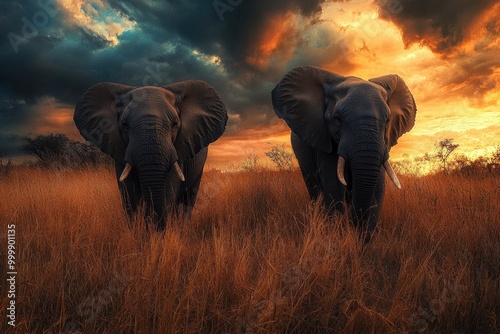 Two elephants in the field of south africa..generative ai