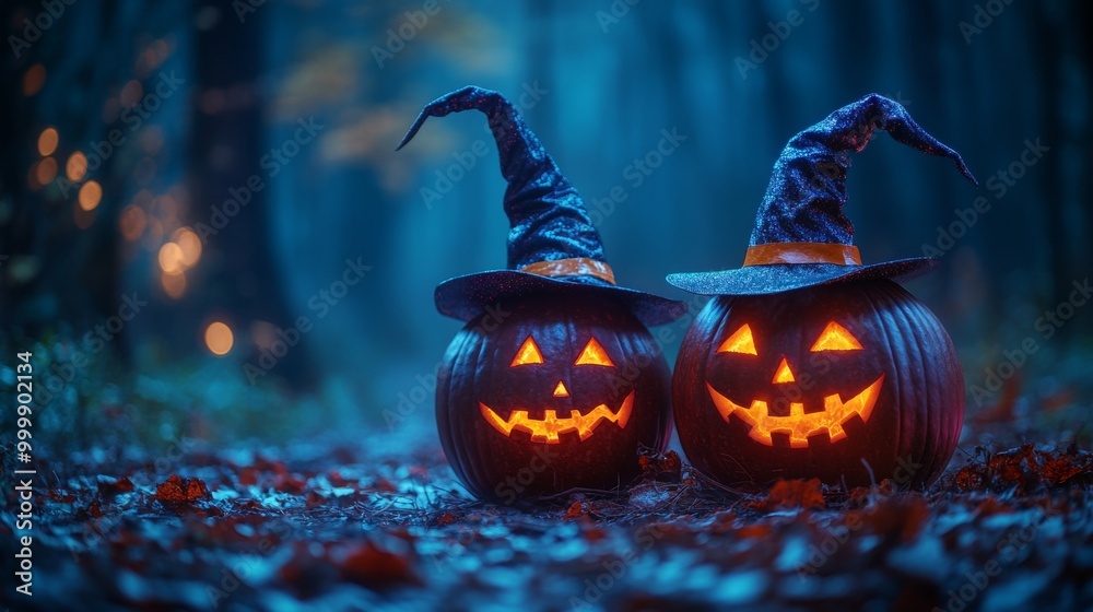 Fototapeta premium Glowing Jack-o'-Lanterns with Witch Hats in a Spooky Halloween Forest