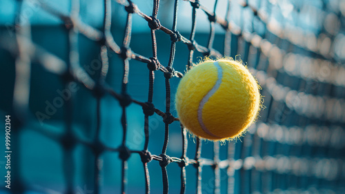 A bright yellow tennis ball suspended in mid-air near the net during a late afternoon match