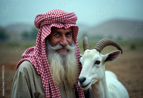 Arab man with a goat in the desert photo