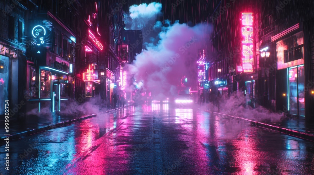 Neon Lit City Street at Night with Rainy Reflections and Moody Atmosphere Neon Lit City Street at Night with Rainy Reflections and Moody Atmosphere