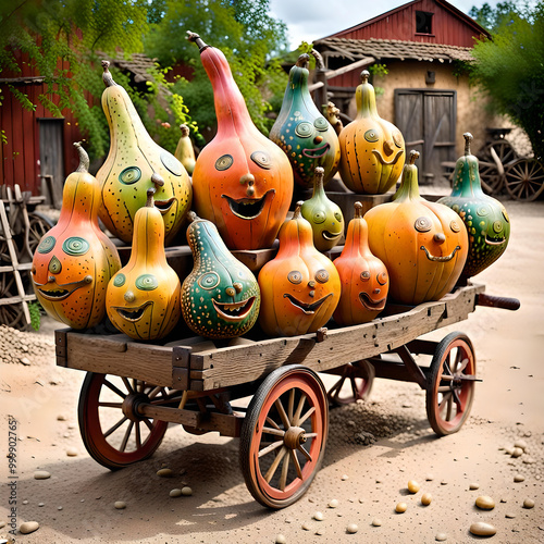 Silly smiling gourds on old farm wagon