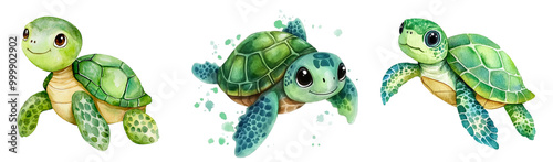 Cute cartoon turtles png. Set of cute sea turtles in watercolor style. Cute baby turtles flap their flippers happily. Sea and oceanic inhabitants.