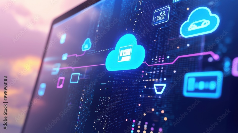 Cloud Computing and Digital Technology Concept with Icons and Symbols on Screen Cloud Computing and Digital Technology Concept with Icons and Symbols on Screen