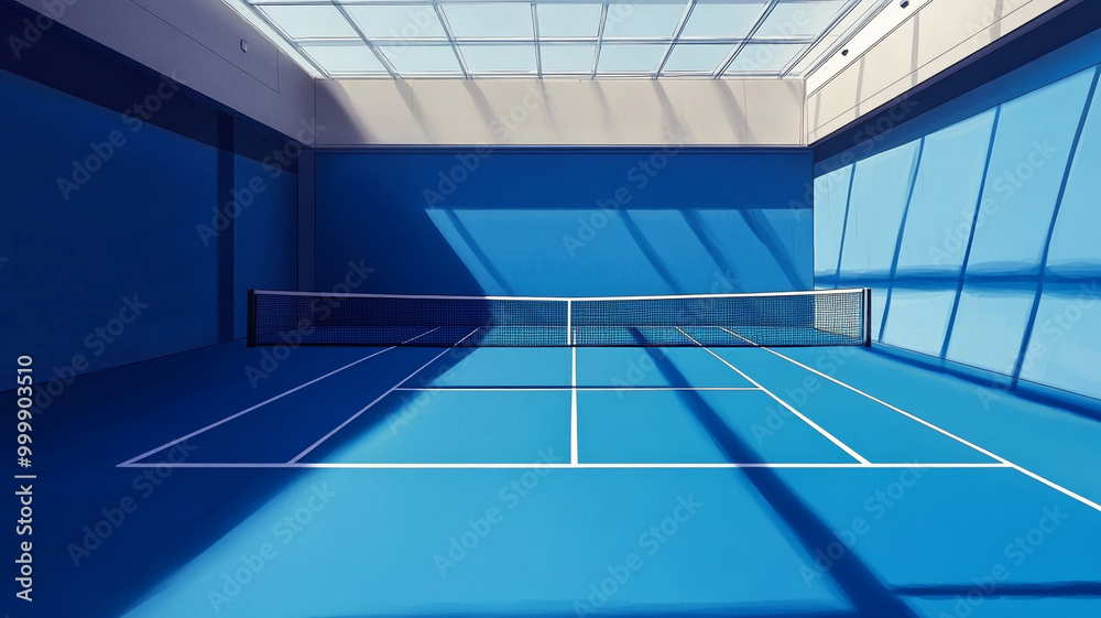 A bright indoor tennis court featuring a blue surface and ample natural light during the day A bright indoor tennis court featuring a blue surface and ample natural light during the day