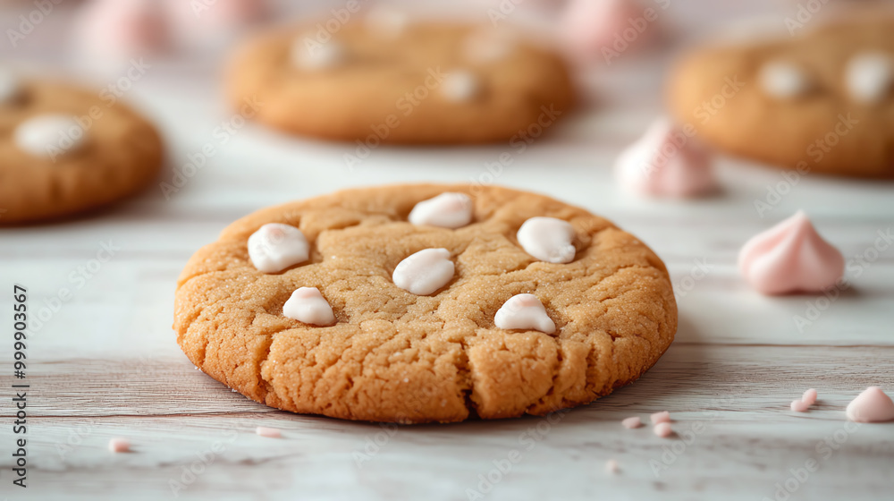 Delicious cookie with white chocolate drops, soft texture, and pastel meringue decor. Delicious cookie with white chocolate drops, soft texture, and pastel meringue decor.