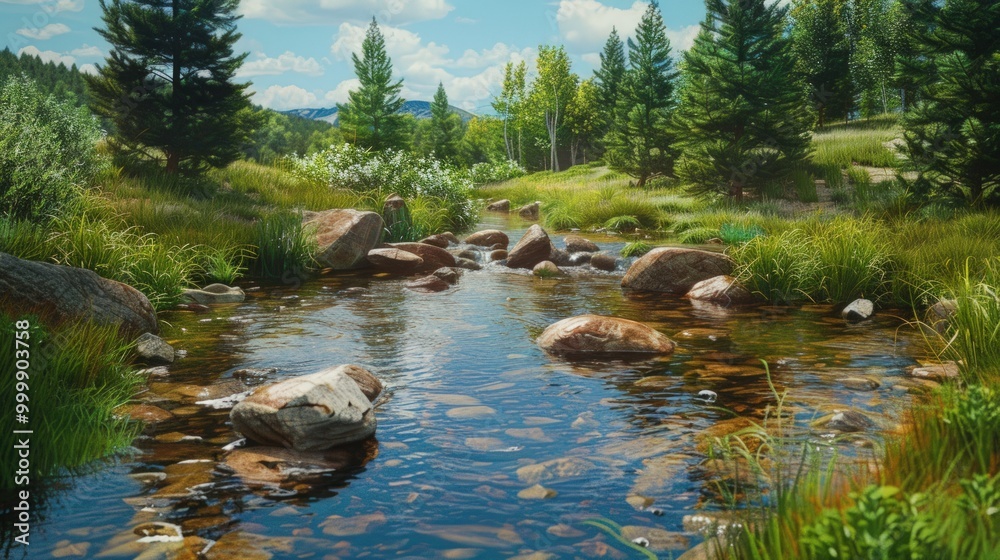 Serene Stream Flowing Through a Lush Forest