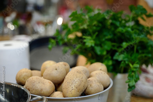 Obraz na płótnie Fresh Potatoes and Parsley Set for Rustic Cooking in a Warm Kitchen, Amidst the Early Stages of Meal Preparation w salonie