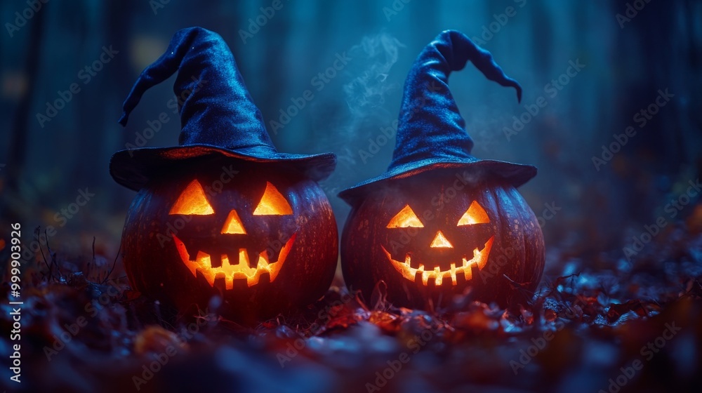 Glowing Jack-o'-Lanterns with Witch Hats in a Spooky Halloween Forest Glowing Jack-o'-Lanterns with Witch Hats in a Spooky Halloween Forest