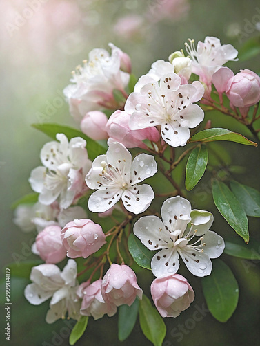 White Mountain Laurel Blooms Against a Misty Forest Background