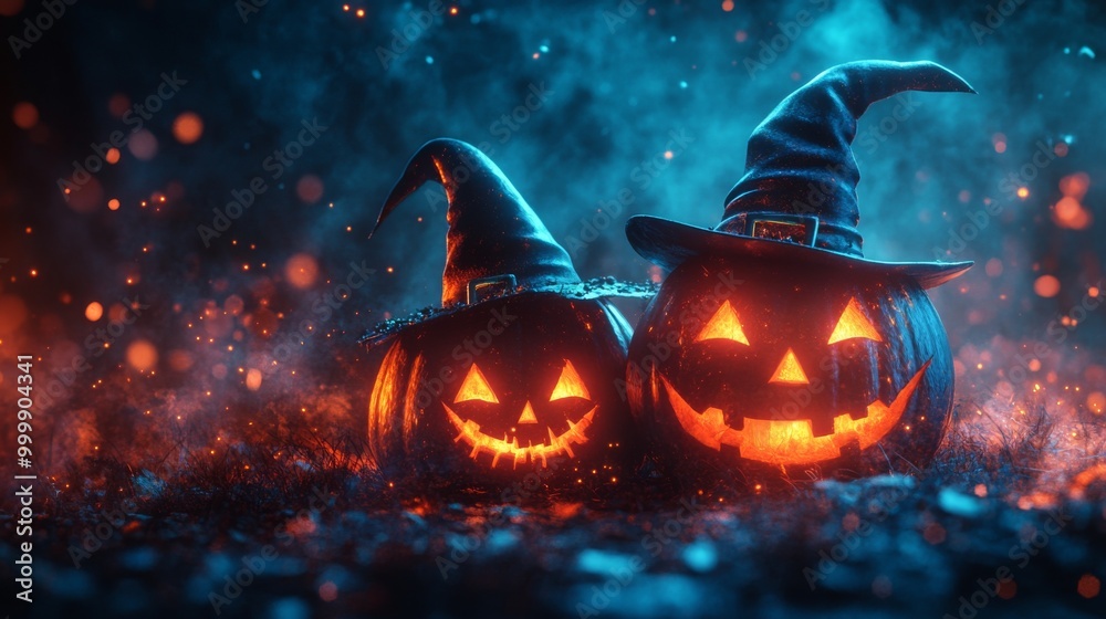 Fototapeta premium Glowing Jack-o'-Lanterns with Witch Hats in a Spooky Halloween Forest