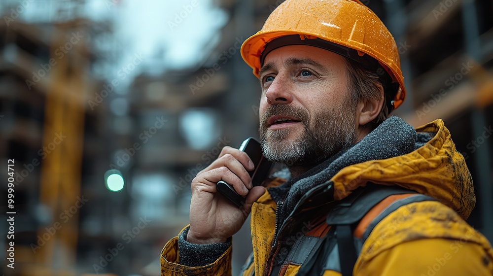 man engineer with walkie talkie standing on construction site