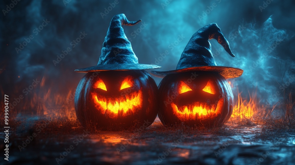 Fototapeta premium Glowing Jack-o'-Lanterns with Witch Hats in a Spooky Halloween Forest
