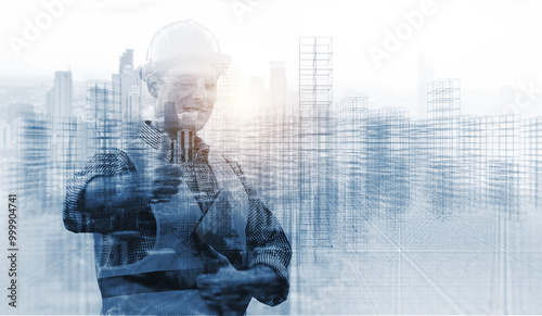 Engineering worker industry double exposure city concept, construction building city development planning innovation, contractor technician, architect, city background blue banner.