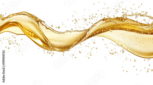 Golden liquid splash with bubbles creating a dynamic and vibrant flow against a black background. Perfect for beverage themes.
