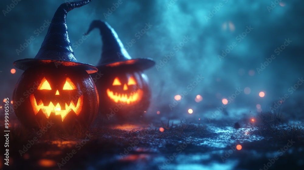 Fototapeta premium Glowing Jack-o'-Lanterns with Witch Hats in a Spooky Halloween Forest