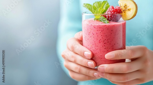 Closeup of a fresh fruit smoothie being held by youthful hands, vibrant colors reflecting healthy living, refreshing nourishment, youthful health photo