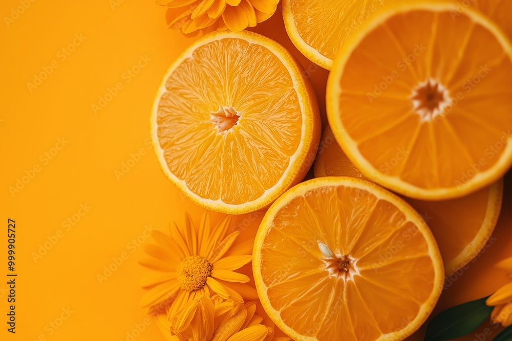 Freshly sliced oranges accompanied by bright yellow flowers all arranged on an orange-colored background. Freshly sliced oranges accompanied by bright yellow flowers all arranged on an orange-colored background.