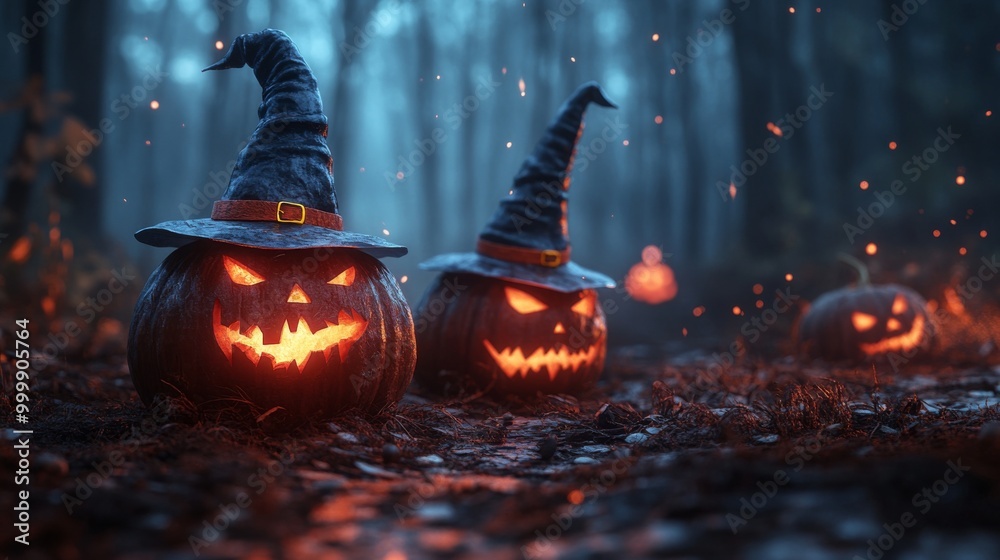 Fototapeta premium Glowing Jack-o'-Lanterns with Witch Hats in a Spooky Halloween Forest