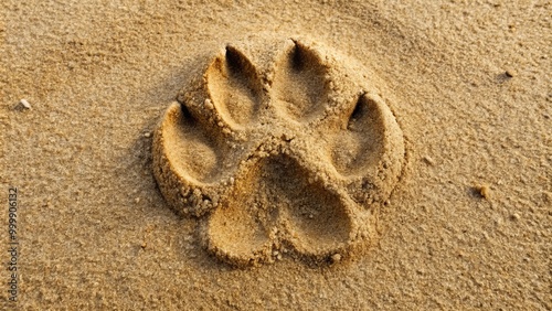 Fototapeta Naklejka Na Ścianę i Meble -  An intimate close-up captures a cat's paw print pressed into soft sand, bathed in natural light, with a