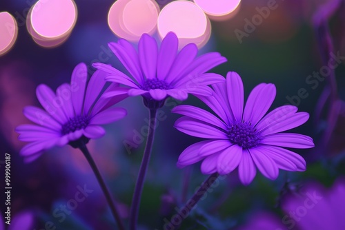 Three vibrant purple daisies in full bloom against a softly blurred bokeh background, creating a serene scene.