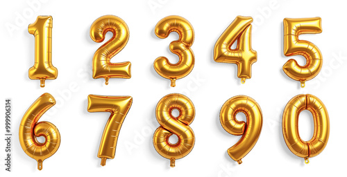 Gold Foil Number Balloons: 0 to 9 Helium Balloons isolated on Transparent Background, PNG. Ideal for Birthdays, Anniversaries, and Events. Celebration Numbers & Party Decor