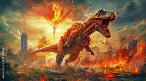 A scene from prehistory. Dinosaurs before extinction