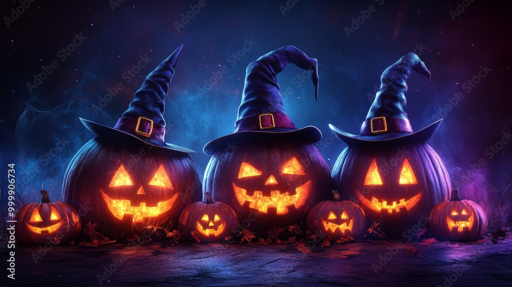 Glowing Jack-o'-Lanterns with Witch Hats in a Spooky Halloween Forest Glowing Jack-o'-Lanterns with Witch Hats in a Spooky Halloween Forest