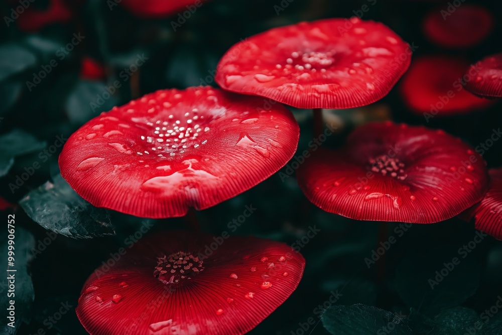Fototapeta premium A vibrant image of red mushrooms in a forest showing water droplets on their surfaces, highlighting their natural beauty.