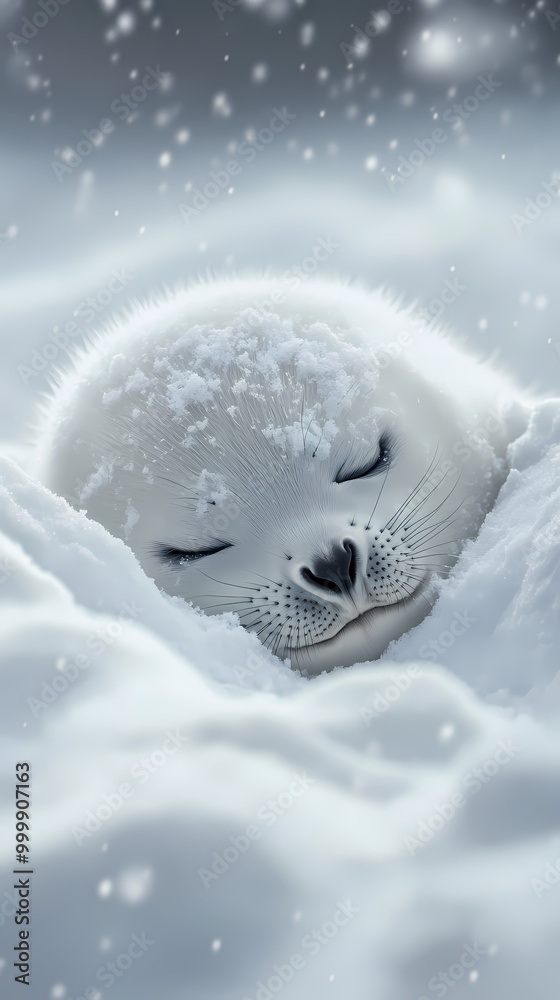 Obraz premium The soft body of a cute baby seal is resting comfortably in a fluffy snow pile. The cold winter atmosphere surrounds it with snow covering the area