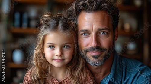 mature father with small daugther resting indoors at home and combing hair