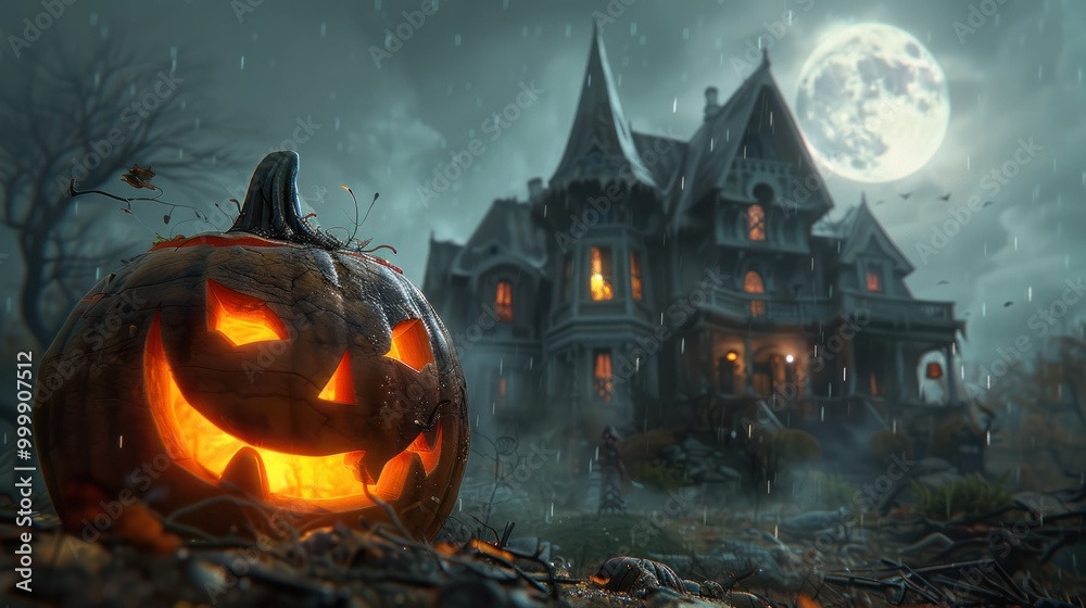 Spooky Halloween Night with Jack-o'-Lantern and Haunted House Spooky Halloween Night with Jack-o'-Lantern and Haunted House