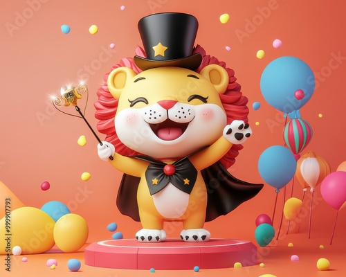 Joyful cartoon magician figure, vibrant colors, whimsical design, sparkling wand, playful expression, enchanting atmosphere, imaginative character creation photo