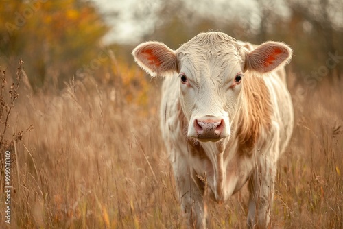 White and brown cow in the grassy field. generative ai