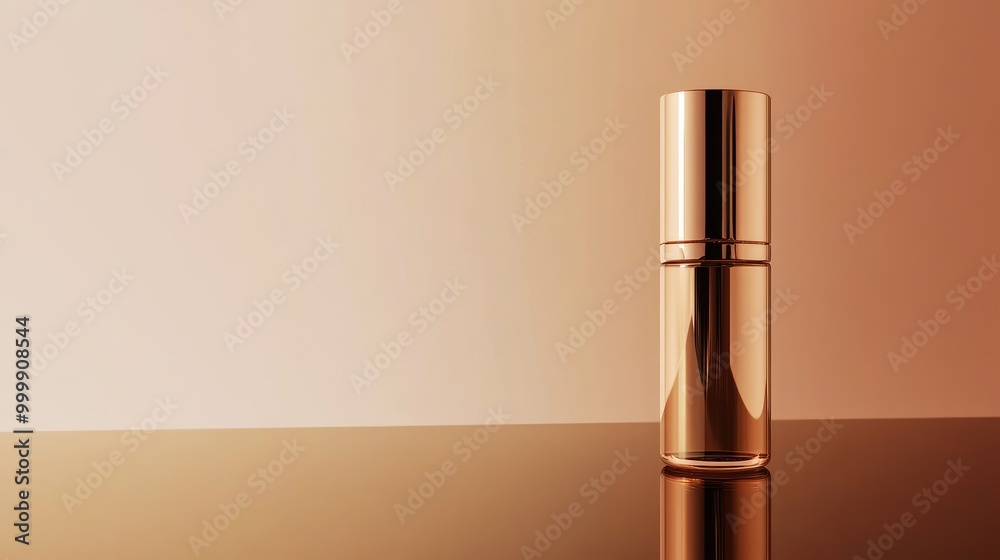 Rose gold serum packaging with a sleek design, placed on a reflective surface to capture light. No people. No logo. Rose gold serum packaging with a sleek design, placed on a reflective surface to capture light. No people. No logo.