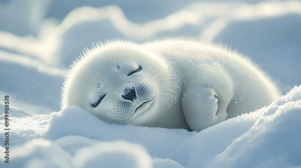 The soft body of a cute baby seal is resting comfortably in a fluffy snow pile. The cold winter atmosphere surrounds it with snow covering the area The soft body of a cute baby seal is resting comfortably in a fluffy snow pile. The cold winter atmosphere surrounds it with snow covering the area